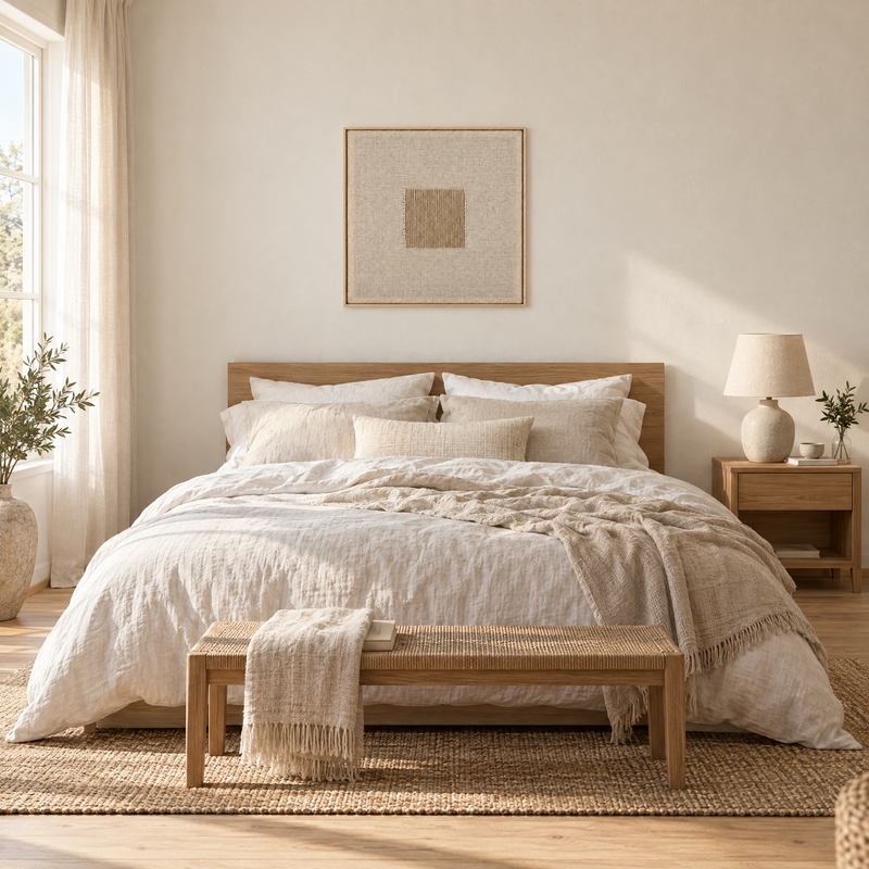 Diskuer framed handwoven wool tapestry 80 x 80 cm above a bed in a calm bedroom, Lale Studio Shop