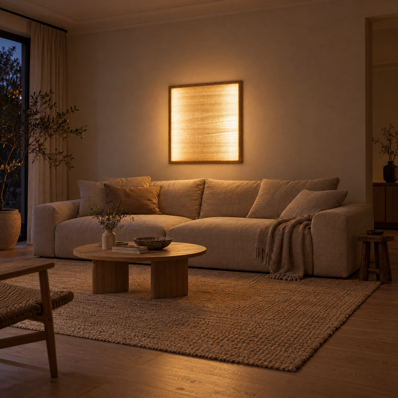Ma illuminated handwoven wool tapestry 80x80 cm above a linen sofa in a living room at night, Lale Studio Shop