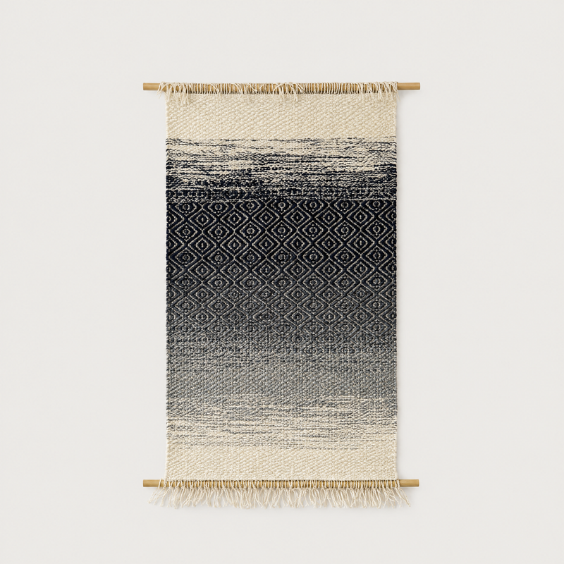 Bluo handwoven wool wall hanging, calm horizon gradient on bamboo rod, packshot, Lale Studio & Shop