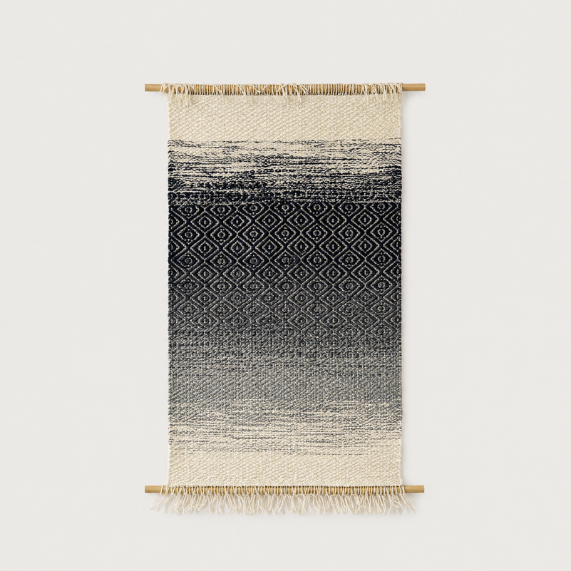 Bluo handwoven wool wall hanging, calm horizon gradient on bamboo rod, packshot, Lale Studio & Shop