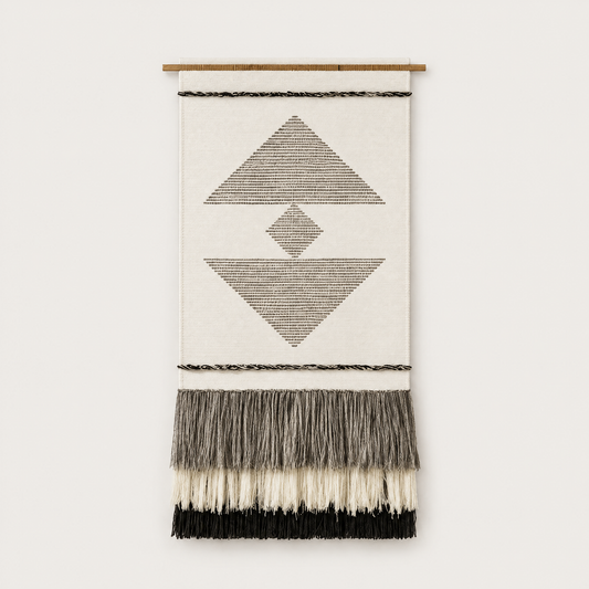 Kanso handwoven wool and cotton wall hanging with geometric diamond and layered fringe on a bamboo rod, Lale Studio & Shop