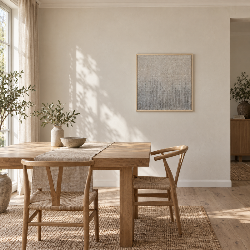 Doc framed handwoven wool tapestry 80x80 cm in a dining area above an oak table, Lale Studio Shop