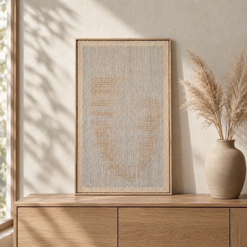 Huek Yellow framed handwoven wool tapestry standing on an oak sideboard in a warm Japandi interior, Lale Studio Shop