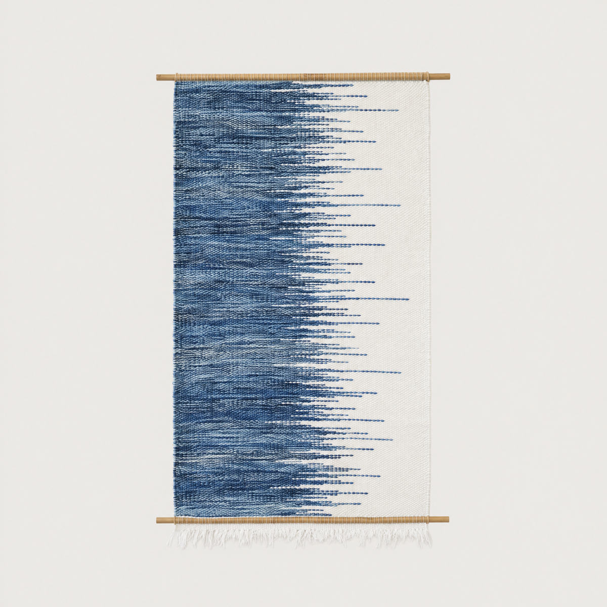 Cielo M handwoven wall hanging in blue and white on bamboo rods, Lale Studio & Shop
