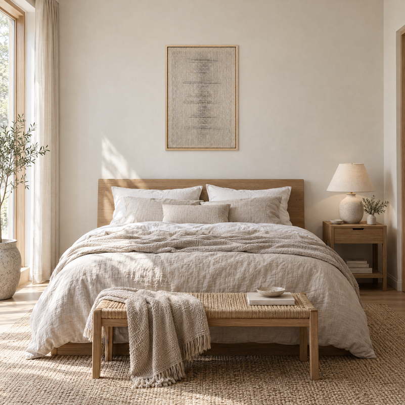Njolle framed handwoven wool tapestry 60 x 100 cm above a bed in a calm bedroom, Lale Studio Shop