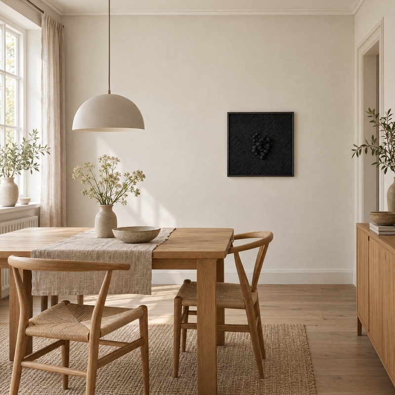 Enigma black sculptural handwoven wool tapestry 60x60 cm in a dining area with an oak table, Lale Studio Shop