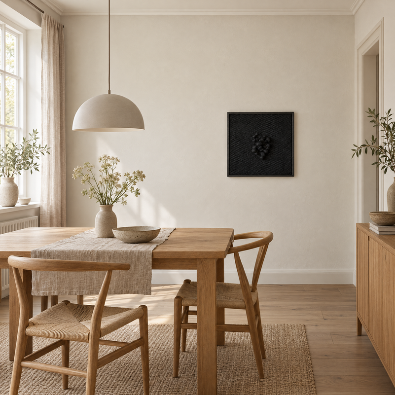 Enigma black sculptural handwoven wool tapestry 60x60 cm in a dining area with an oak table, Lale Studio Shop