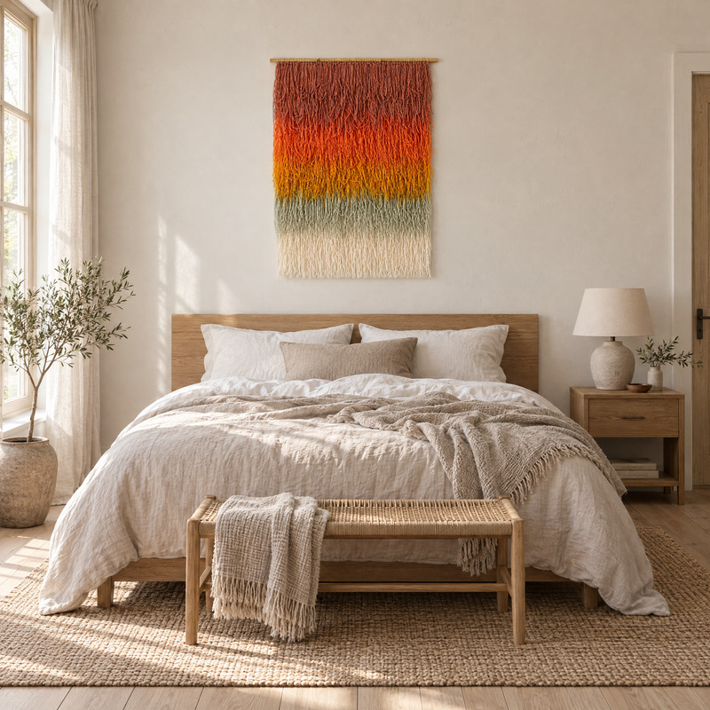 Gerbena shaggy wool wall hanging 80x110 cm above a bed in a bedroom, Lale Studio Shop