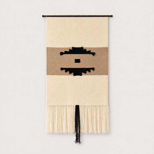 Auroa handwoven wool wall hanging with geometric pattern in black, brown and raw white and tassels on a black metal rod, Lale Studio & Shop