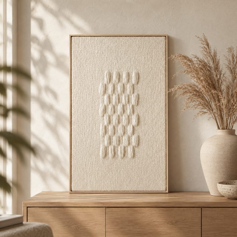 Framed II handwoven wool tapestry standing on an oak sideboard in a warm Japandi interior, Lale Studio Shop