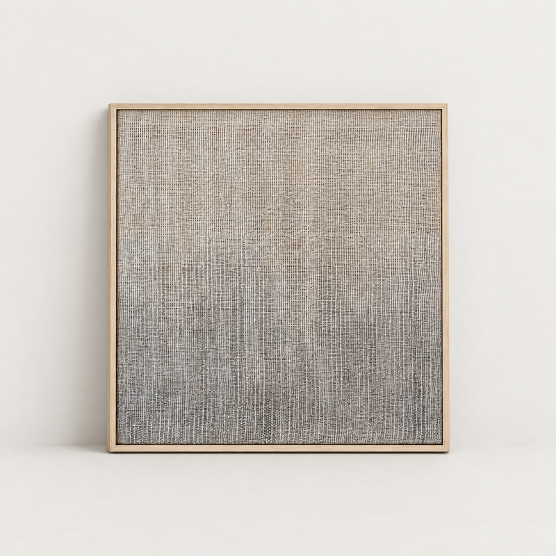 Doc handwoven two-ply wool tapestry with soft grey ombre in a slim pine frame, Lale Studio & Shop