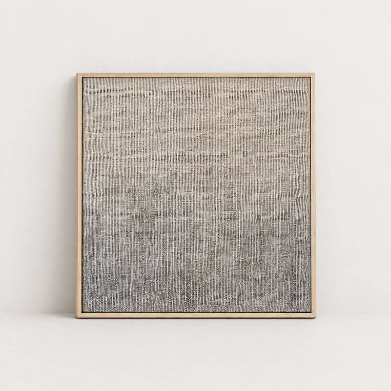 Doc handwoven two-ply wool tapestry with soft grey ombre in a slim pine frame, Lale Studio & Shop