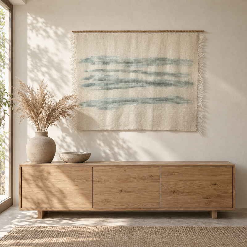 A'La Matcha handwoven wool wall hanging on a bamboo rod above an oak sideboard in a warm Japandi interior, Lale Studio Shop