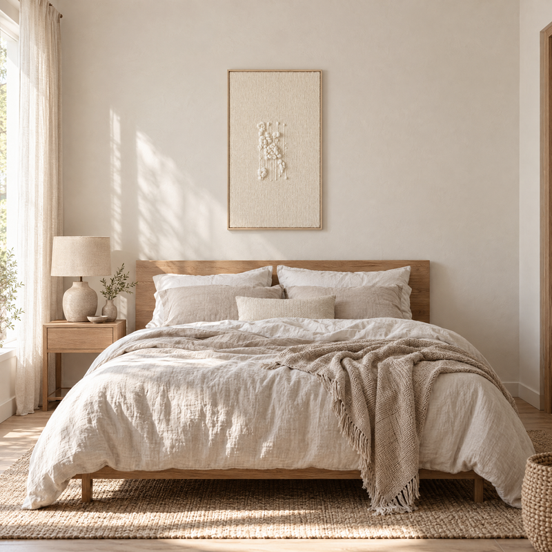 Klit framed handwoven wool tapestry 60 x 100 cm above a bed in a calm bedroom, Lale Studio Shop