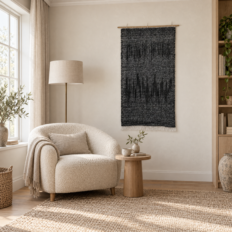 Nyora charcoal handwoven wall hanging 70 x 140 cm in a living room reading corner, Lale Studio Shop