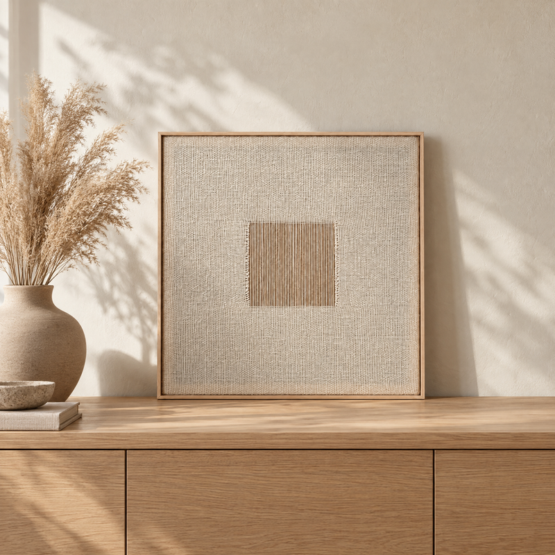 Diskuer framed handwoven wool tapestry standing on an oak sideboard in a warm Japandi interior, Lale Studio Shop