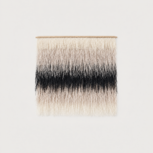 Nude shaggy handwoven wool wall hanging cream and black tapestry Lale Studio & Shop