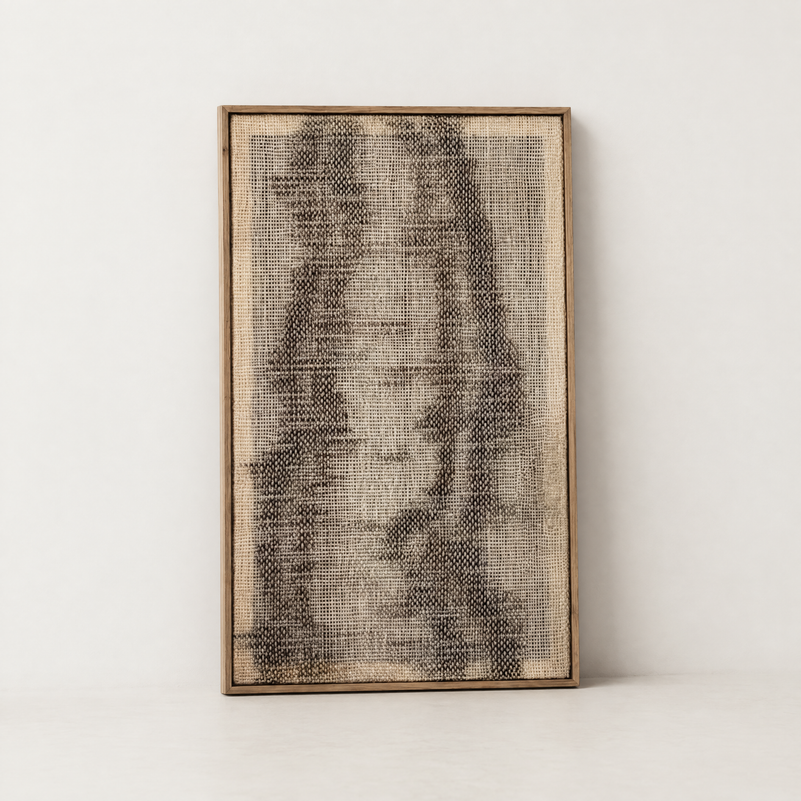 Flus handwoven two-ply wool tapestry in a slim pine frame, minimalist framed textile wall art by Lale Studio & Shop