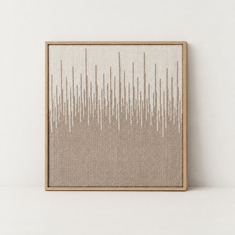 Balanse handwoven two-ply wool tapestry with vertical gradient in a slim pine frame, Lale Studio & Shop