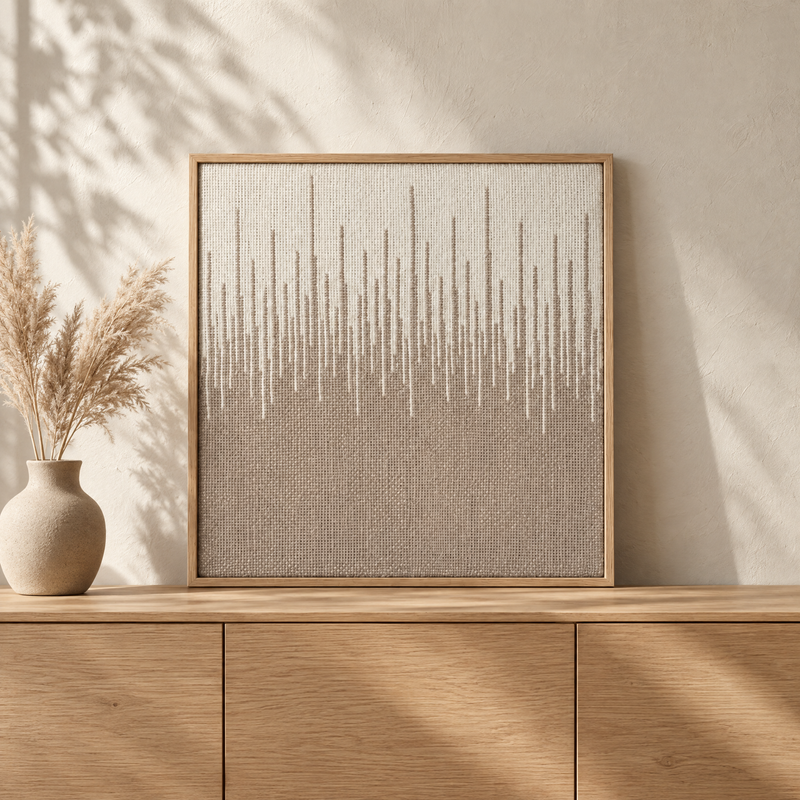 Balanse framed handwoven wool tapestry standing on an oak sideboard in a warm Japandi interior, Lale Studio Shop