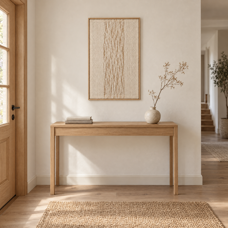 Imperfectio I framed handwoven wool tapestry 60 x 100 cm above an oak console in an entrance hall, Lale Studio Shop