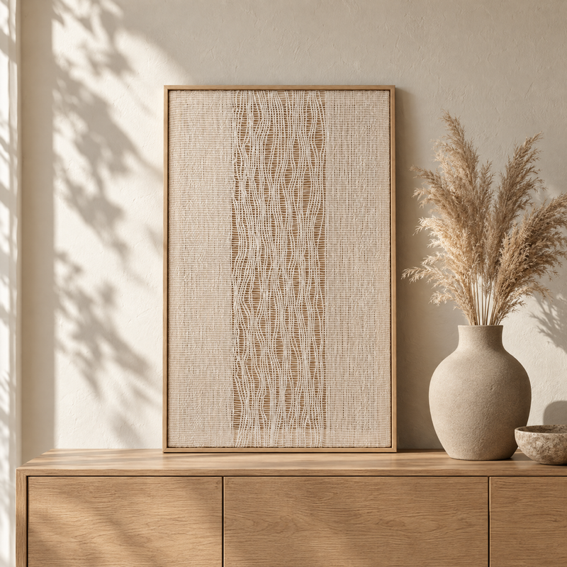 Imperfectio I framed handwoven wool tapestry standing on an oak sideboard in a warm Japandi interior, Lale Studio Shop