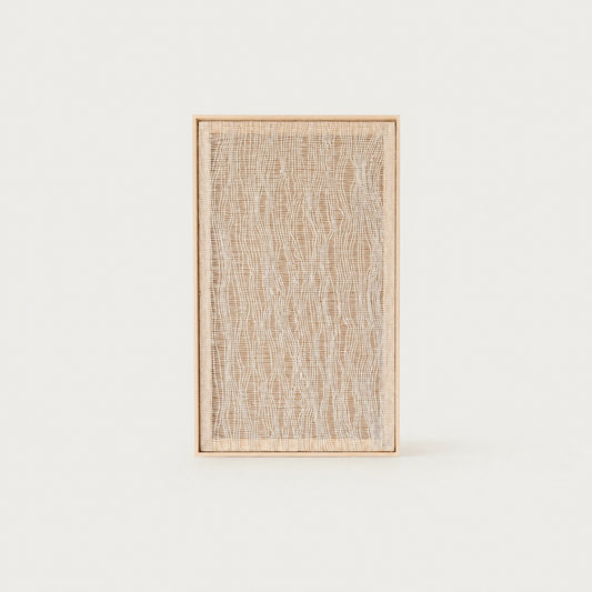 Imperfectio II handwoven wool tapestry in soft beige with a delicate light airy open weave in a slim pine frame, framed textile wall art by Lale Studio & Shop