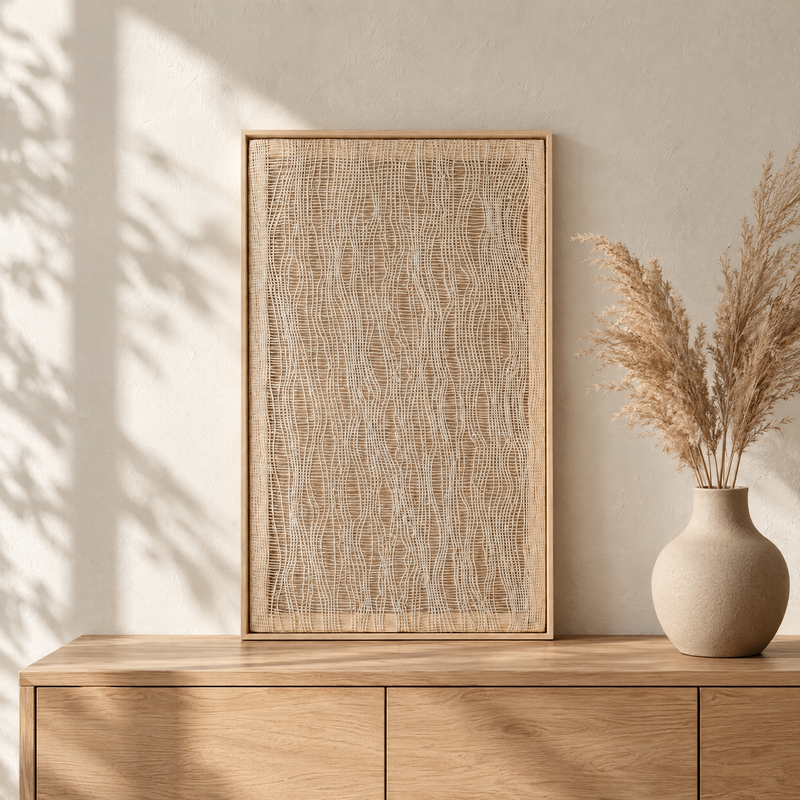 Imperfectio II framed handwoven wool tapestry standing on an oak sideboard in a warm Japandi interior, Lale Studio Shop