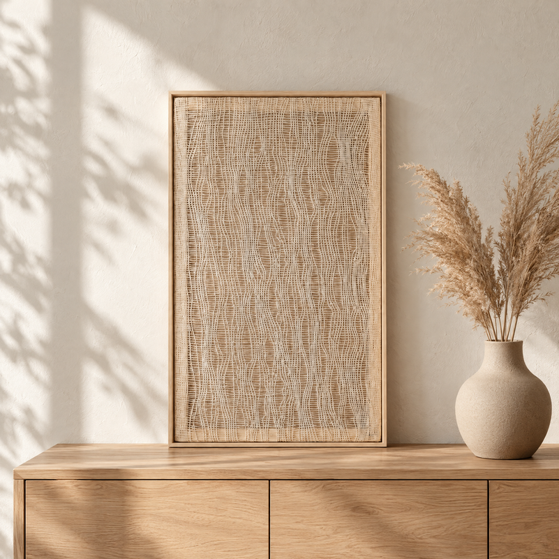 Imperfectio II framed handwoven wool tapestry standing on an oak sideboard in a warm Japandi interior, Lale Studio Shop