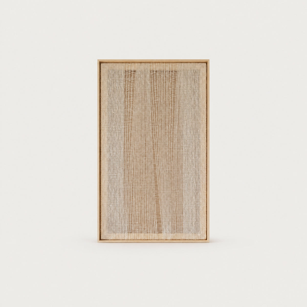 Imperfectio III handwoven wool tapestry in raw white with a light transparent open weave in a slim pine frame, framed textile wall art by Lale Studio & Shop