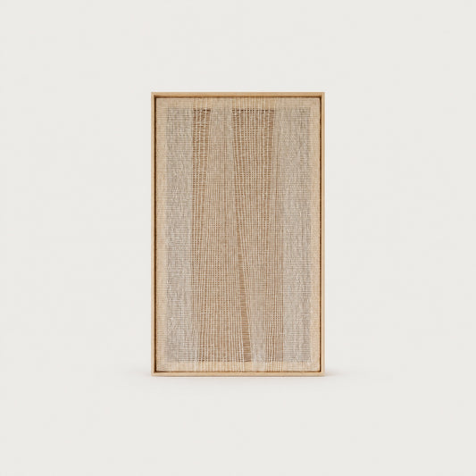 Imperfectio III handwoven wool tapestry in raw white with a light transparent open weave in a slim pine frame, framed textile wall art by Lale Studio & Shop