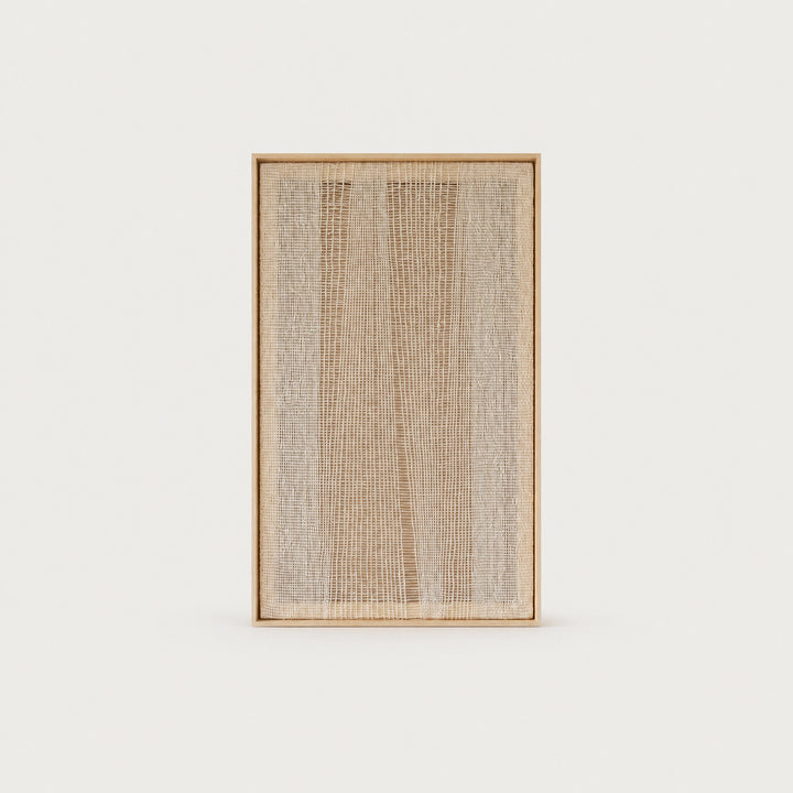 Imperfectio III handwoven wool tapestry in raw white with a light transparent open weave in a slim pine frame, framed textile wall art by Lale Studio & Shop