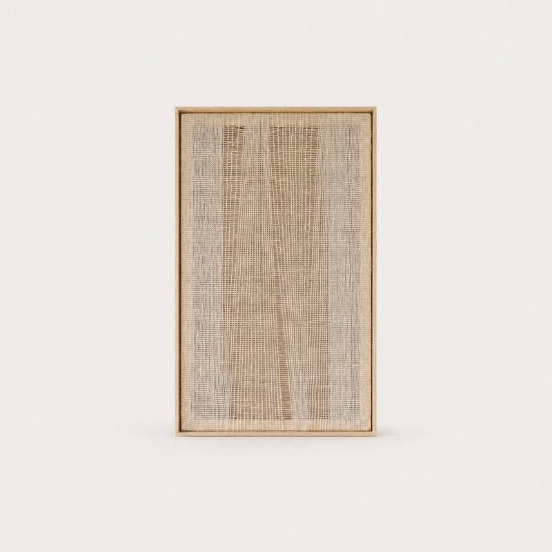 Imperfectio III handwoven wool tapestry in raw white with a light transparent open weave in a slim pine frame, framed textile wall art by Lale Studio & Shop