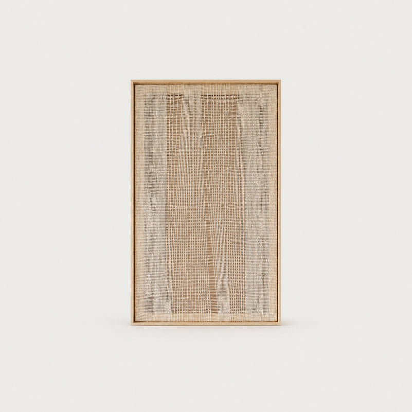 Imperfectio III handwoven wool tapestry in raw white with a light transparent open weave in a slim pine frame, framed textile wall art by Lale Studio & Shop