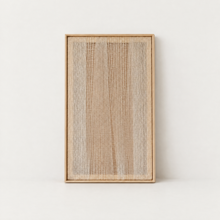 Imperfectio III sheer handwoven two-ply wool tapestry in a slim pine frame, Lale Studio & Shop