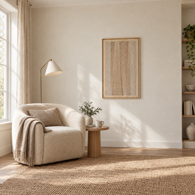 Imperfectio III framed handwoven wool tapestry 60x100 cm in a reading corner above a boucle armchair, Lale Studio Shop