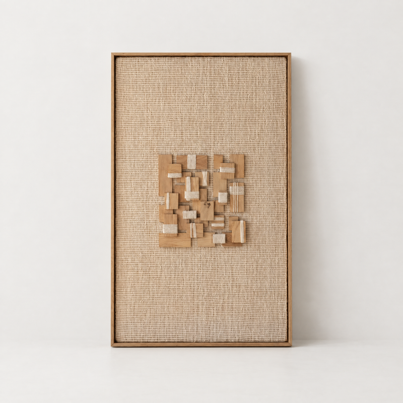 Inlay framed handwoven wool tapestry with oak wood mosaic, standing packshot, Lale Studio Shop
