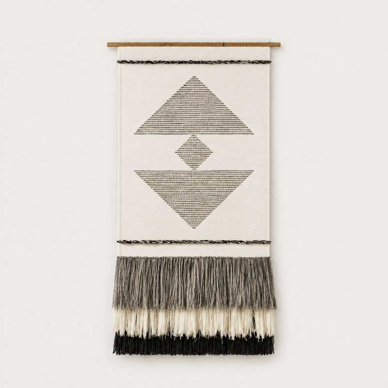 Kanso handwoven wool and cotton wall hanging with geometric diamond and layered fringe on a bamboo rod, Lale Studio & Shop