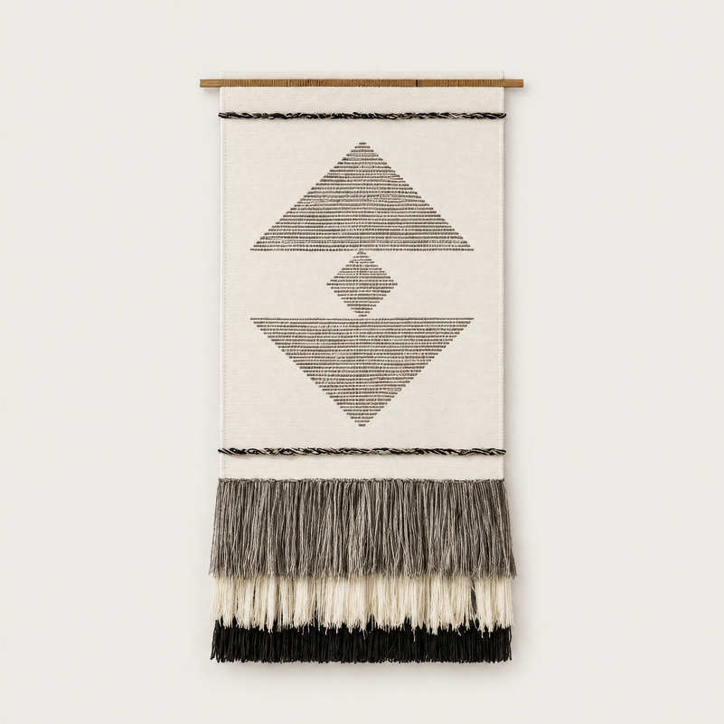 Kanso handwoven wool and cotton wall hanging with geometric diamond and layered fringe on a bamboo rod, Lale Studio & Shop