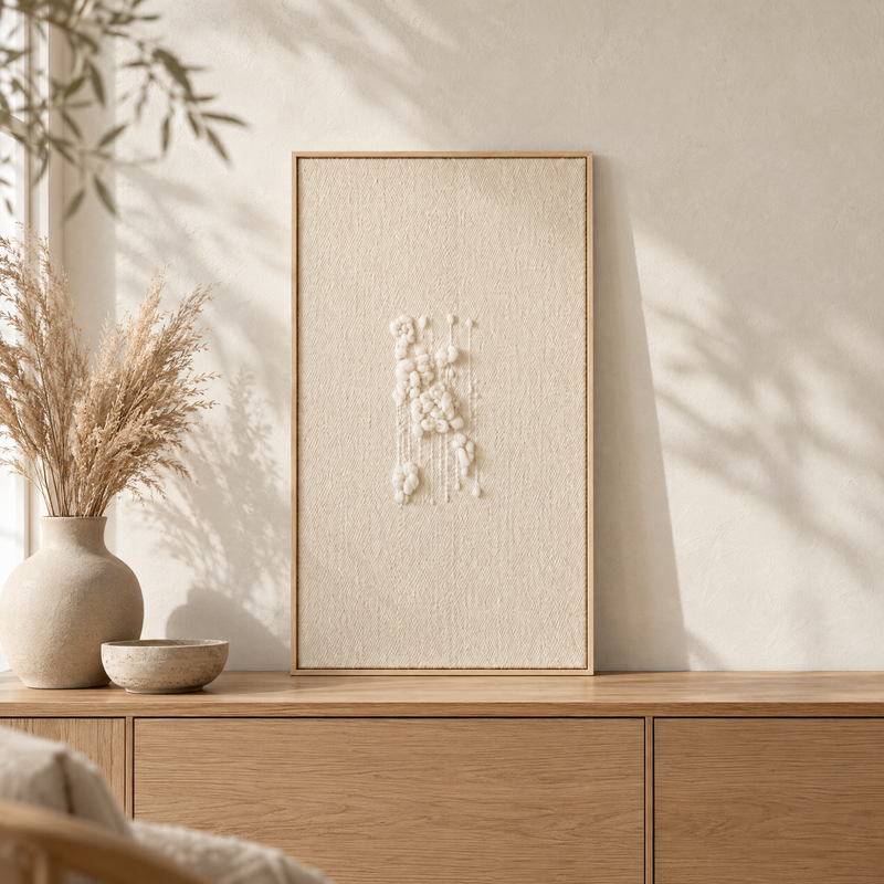 Klit framed handwoven wool tapestry standing on an oak sideboard in a warm Japandi interior, Lale Studio Shop