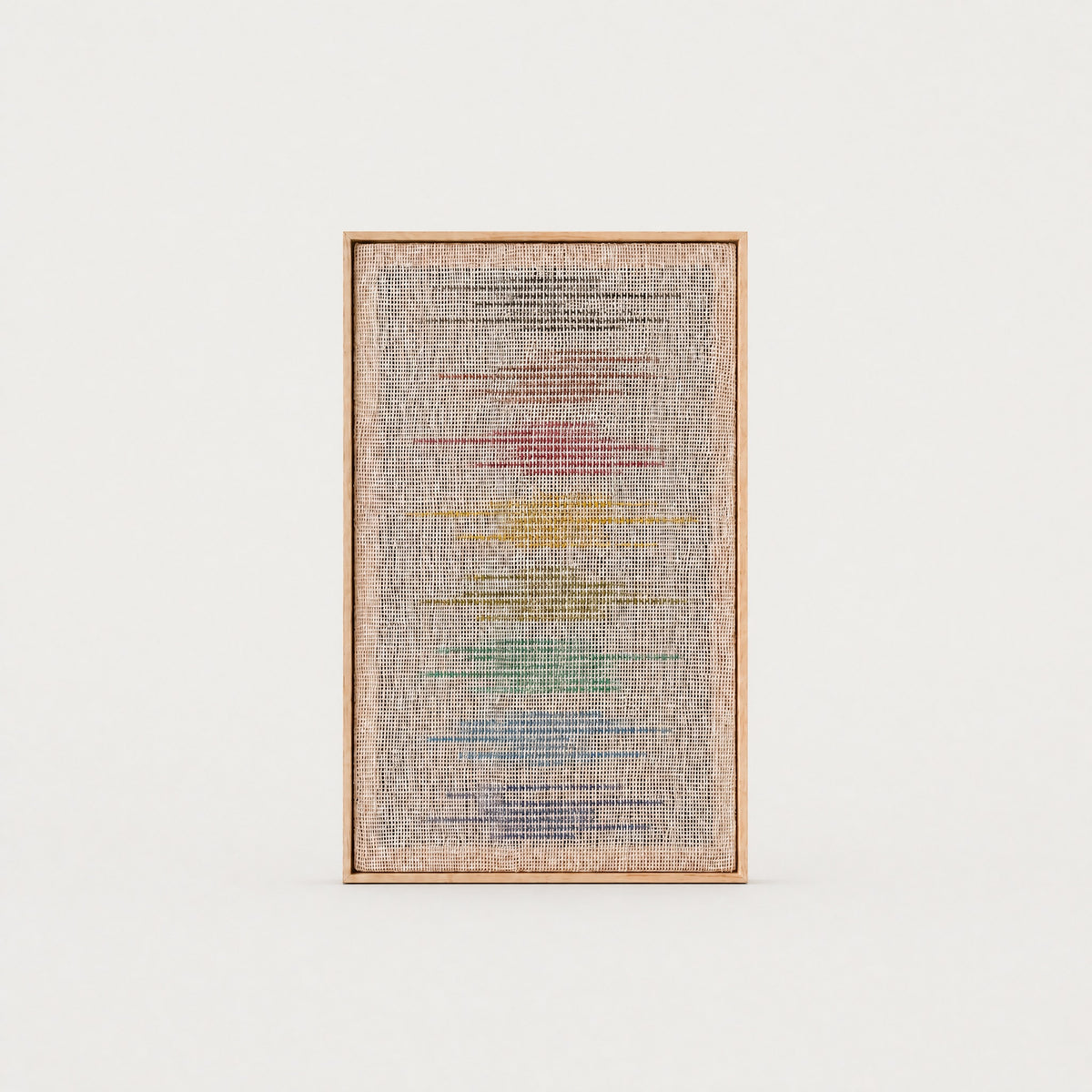 Kloara colorful handwoven wool tapestry with a multicolour design in a solid pine frame, framed textile wall art by Lale Studio & Shop