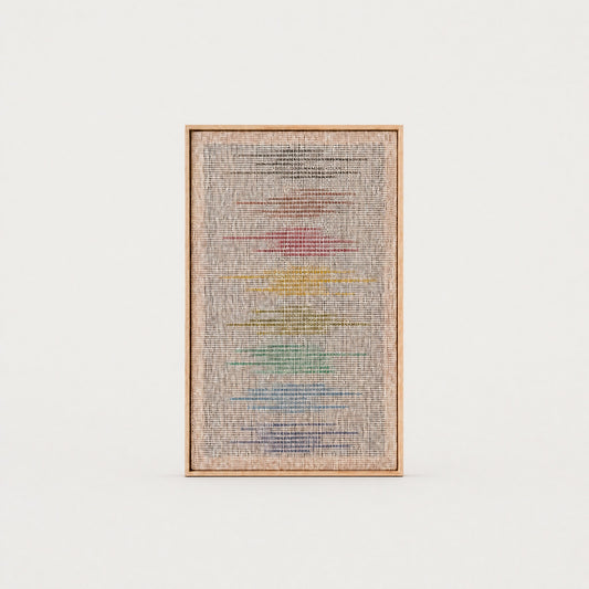 Kloara colorful handwoven wool tapestry with a multicolour design in a solid pine frame, framed textile wall art by Lale Studio & Shop