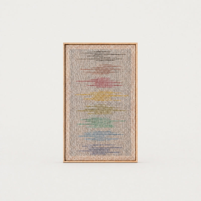 Kloara colorful handwoven wool tapestry with a multicolour design in a solid pine frame, framed textile wall art by Lale Studio & Shop