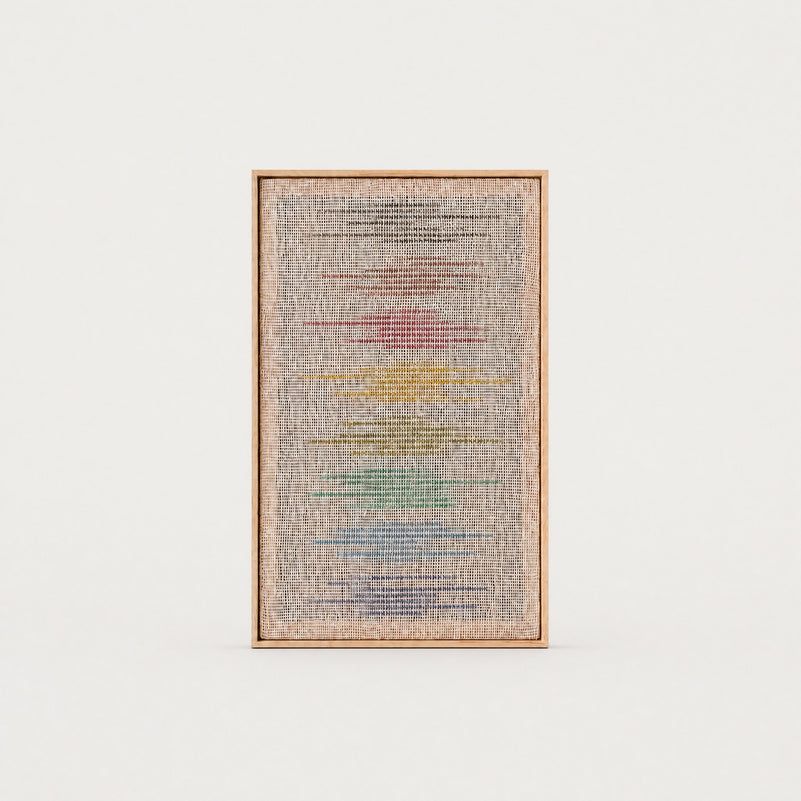 Kloara colorful handwoven wool tapestry with a multicolour design in a solid pine frame, framed textile wall art by Lale Studio & Shop