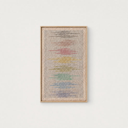 Kloara handwoven wool tapestry in colorful tones in a slim wooden frame, framed textile wall art by Lale Studio & Shop