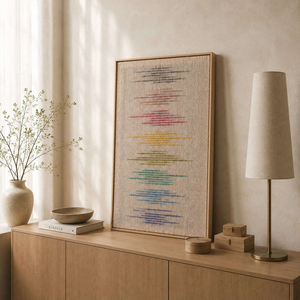 Kloara handwoven wool tapestry in colorful tones in a slim wooden frame, framed textile wall art by Lale Studio & Shop