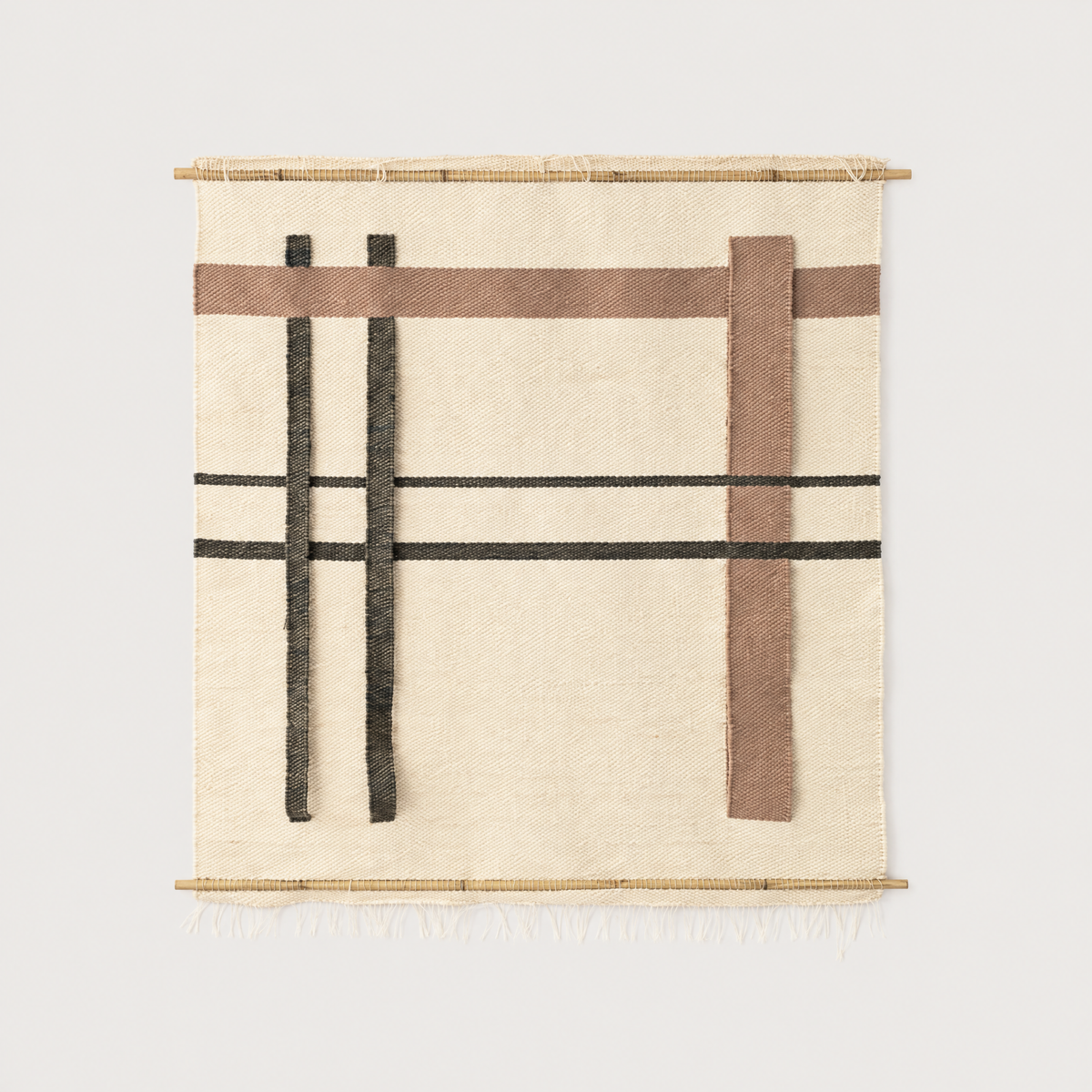 Krado handwoven wool wall hanging in beige, brown and black on bamboo rods, Lale Studio & Shop