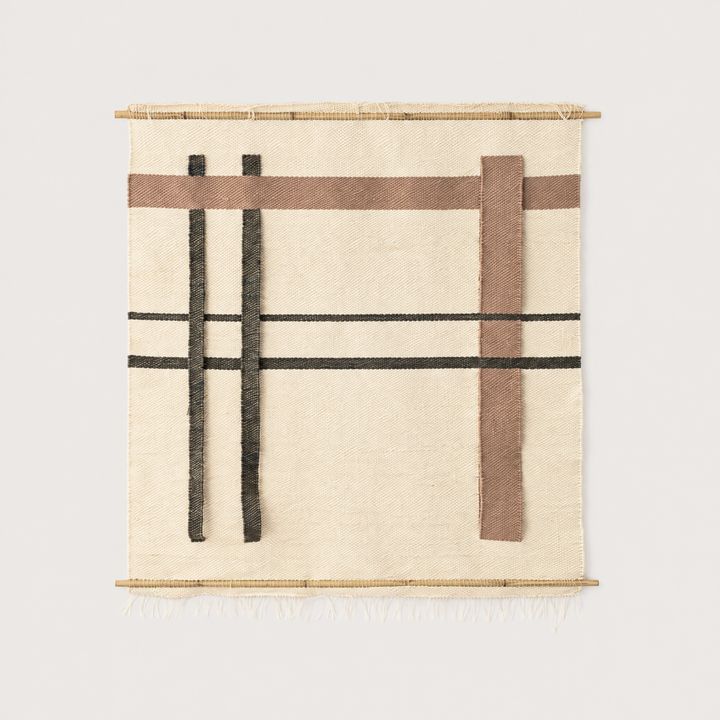 Krado handwoven wool wall hanging in beige, brown and black on bamboo rods, Lale Studio & Shop