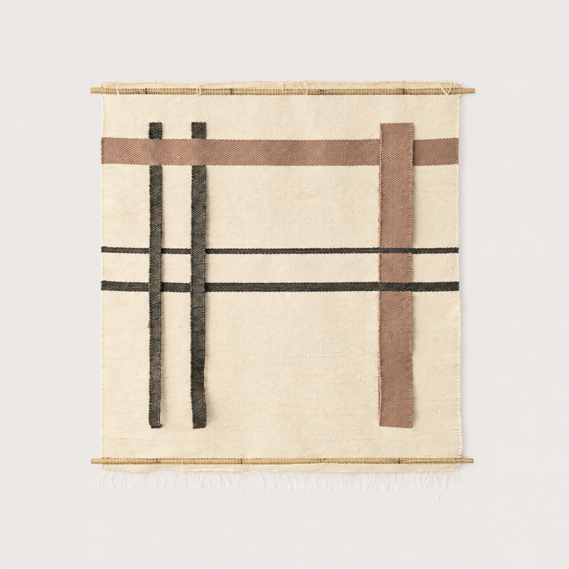 Krado handwoven wool wall hanging in beige, brown and black on bamboo rods, Lale Studio & Shop