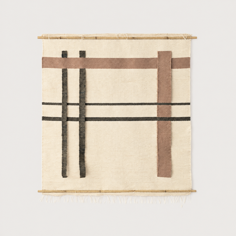 Krado handwoven wool wall hanging in beige, brown and black on bamboo rods, Lale Studio & Shop